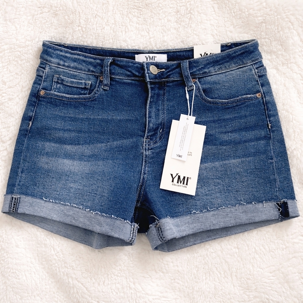 YMI Collection Denim Shorts Size 11 Stretch Cuffed Raw Hem Mid Rise Blue Jea
